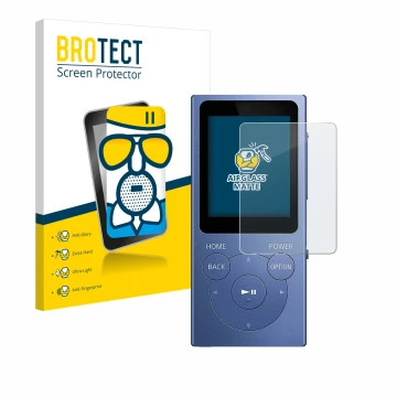 Face avant d’un emballage produit avec le logo de la marque BROTECT. À côté, l’appareil Sony Walkman NW-E394 est représenté av
