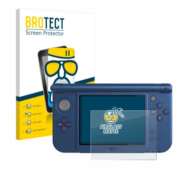 Face avant d’un emballage produit avec le logo de la marque BROTECT. À côté, l’appareil Nintendo New 3DS XL (Affichage inférie