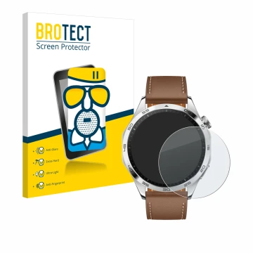 Face avant d’un emballage produit avec le logo de la marque BROTECT. À côté, l’appareil Huawei Watch GT 4 (46mm) est représent