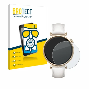 Face avant d’un emballage produit avec le logo de la marque BROTECT. À côté, l’appareil Huawei Watch GT 4 (41mm) est représent