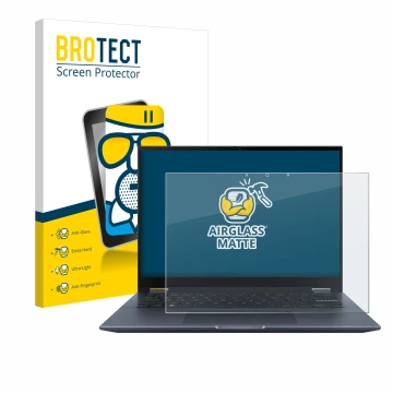 Face avant d’un emballage produit avec le logo de la marque BROTECT. À côté, l’appareil ASUS Vivobook S 14 Flip TP3402 est rep