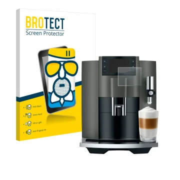 Face avant d’un emballage produit avec le logo de la marque BROTECT. À côté, l’appareil Jura E8 (EC) est représenté avec la pr