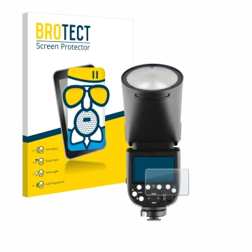 Face avant d’un emballage produit avec le logo de la marque BROTECT. À côté, l’appareil Godox V1 est représenté avec la protec