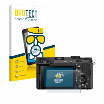 Face avant d’un emballage produit avec le logo de la marque BROTECT. À côté, l’appareil Sony Alpha 7CR est représenté avec la 