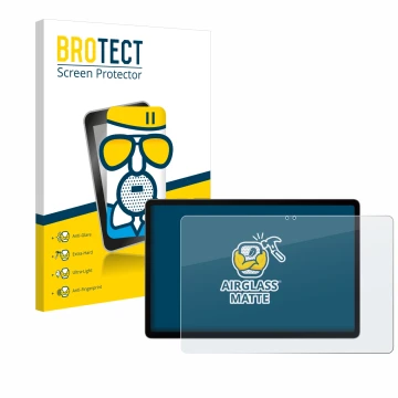 Face avant d’un emballage produit avec le logo de la marque BROTECT. À côté, l’appareil Samsung Galaxy Tab S9 FE+ est représen