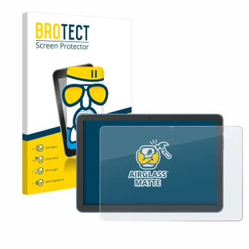 Face avant d’un emballage produit avec le logo de la marque BROTECT. À côté, l’appareil Amazon Fire HD 10 2023 (13e Gen.) est 
