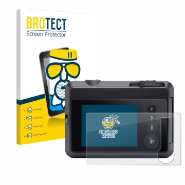 Face avant d’un emballage produit avec le logo de la marque BROTECT. À côté, l’appareil Leica SOFORT 2 est représenté avec la 