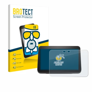 Face avant d’un emballage produit avec le logo de la marque BROTECT. À côté, l’appareil Amazon Echo Show 8 2023 (3ème Gen.) es