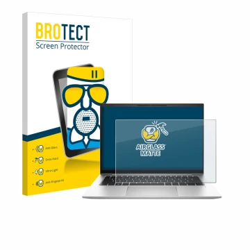 Face avant d’un emballage produit avec le logo de la marque BROTECT. À côté, l’appareil HP EliteBook 845 G10 est représenté av