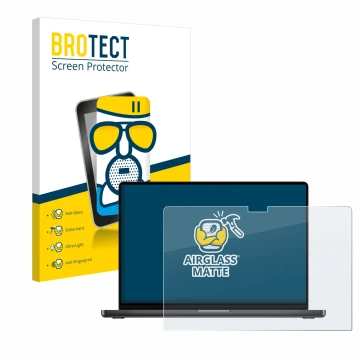 Face avant d’un emballage produit avec le logo de la marque BROTECT. À côté, l’appareil Apple MacBook Pro 16