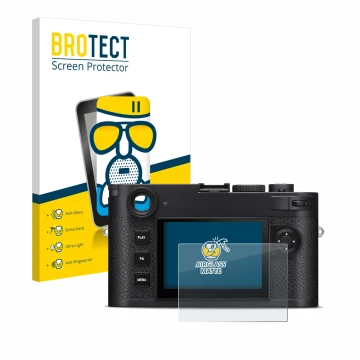 Face avant d’un emballage produit avec le logo de la marque BROTECT. À côté, l’appareil Leica M11-P est représenté avec la pro