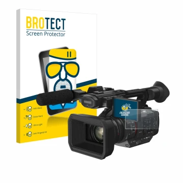 Face avant d’un emballage produit avec le logo de la marque BROTECT. À côté, l’appareil Panasonic HC-X2 est représenté avec la