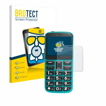 Face avant d’un emballage produit avec le logo de la marque BROTECT. À côté, l’appareil Uleway Seniorenhandy est représenté av