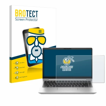 Face avant d’un emballage produit avec le logo de la marque BROTECT. À côté, l’appareil HP ProBook 445 G10 est représenté avec