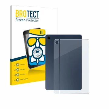 Face avant d’un emballage produit avec le logo de la marque BROTECT. À côté, l’appareil Samsung Galaxy Tab A9 Plus 5G (Arrière
