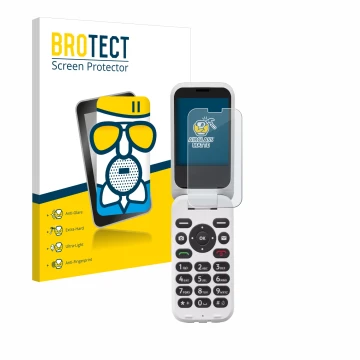 Face avant d’un emballage produit avec le logo de la marque BROTECT. À côté, l’appareil Doro 6820 est représenté avec la prote