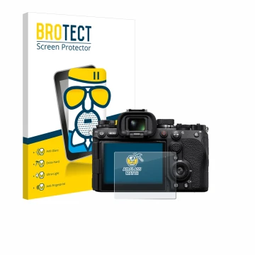 Face avant d’un emballage produit avec le logo de la marque BROTECT. À côté, l’appareil Sony Alpha 9 III est représenté avec l