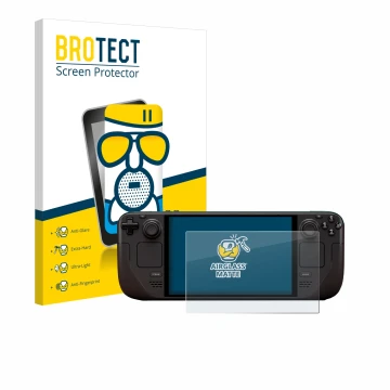 Face avant d’un emballage produit avec le logo de la marque BROTECT. À côté, l’appareil Valve Steam Deck OLED est représenté a