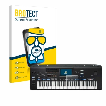 Face avant d’un emballage produit avec le logo de la marque BROTECT. À côté, l’appareil Yamaha Genos2 est représenté avec la p