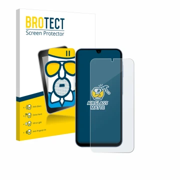 Face avant d’un emballage produit avec le logo de la marque BROTECT. À côté, l’appareil Samsung Galaxy A15 est représenté avec