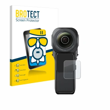 Face avant d’un emballage produit avec le logo de la marque BROTECT. À côté, l’appareil Insta360 One RS 1-Zoll 360 est représe