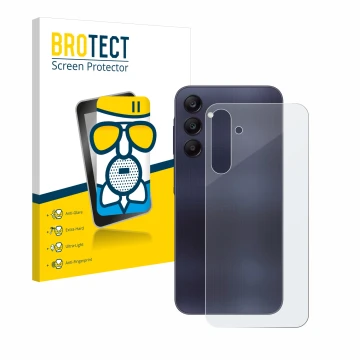 Face avant d’un emballage produit avec le logo de la marque BROTECT. À côté, l’appareil Samsung Galaxy A25 5G (Arrière) est re