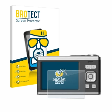 Face avant d’un emballage produit avec le logo de la marque BROTECT. À côté, l’appareil Rollei Compactline 10X est représenté 