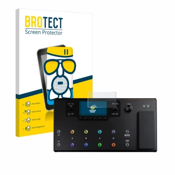 Face avant d’un emballage produit avec le logo de la marque BROTECT. À côté, l’appareil Line 6 Helix LT est représenté avec la