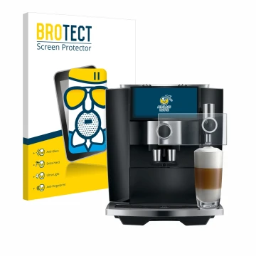 Face avant d’un emballage produit avec le logo de la marque BROTECT. À côté, l’appareil Jura J8 twin est représenté avec la pr