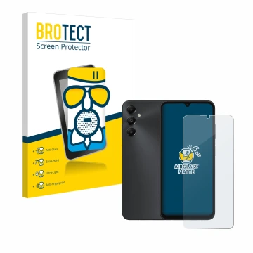 Face avant d’un emballage produit avec le logo de la marque BROTECT. À côté, l’appareil Samsung Galaxy A05s est représenté ave