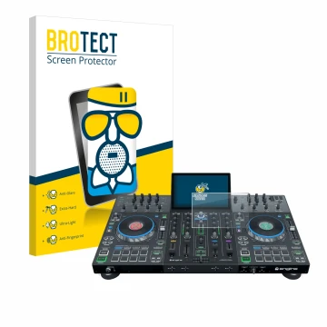Face avant d’un emballage produit avec le logo de la marque BROTECT. À côté, l’appareil Denon DJ Prime 4+ est représenté avec 