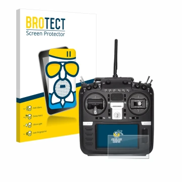 Face avant d’un emballage produit avec le logo de la marque BROTECT. À côté, l’appareil Radiomaster TX16S Mark II est représen