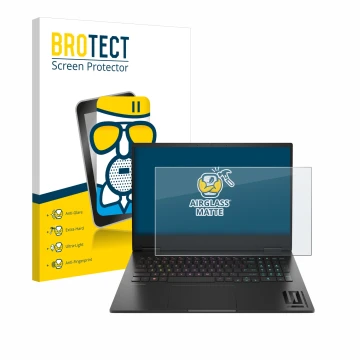 Face avant d’un emballage produit avec le logo de la marque BROTECT. À côté, l’appareil HP Omen 16 2024 est représenté avec la