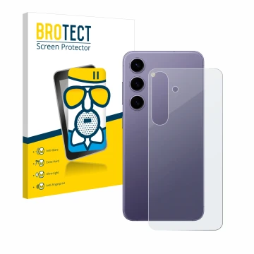 Face avant d’un emballage produit avec le logo de la marque BROTECT. À côté, l’appareil Samsung Galaxy S24 (Arrière) est repré
