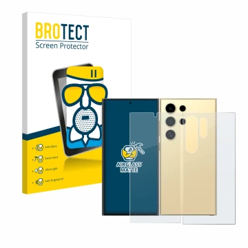 Face avant d’un emballage produit avec le logo de la marque BROTECT. À côté, l’appareil Samsung Galaxy S24 Ultra (case-friendl