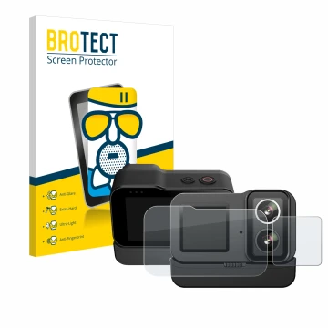 Face avant d’un emballage produit avec le logo de la marque BROTECT. À côté, l’appareil SJCAM SJ20 Dual Lens est représenté av