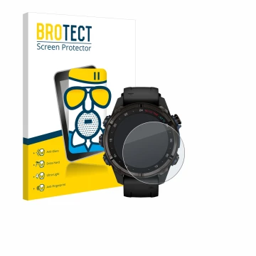 Face avant d’un emballage produit avec le logo de la marque BROTECT. À côté, l’appareil Garmin Descent Mk3i (43 mm) est représ