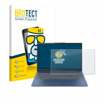 Face avant d’un emballage produit avec le logo de la marque BROTECT. À côté, l’appareil Lenovo IdeaPad Slim 3 Gen 8 15