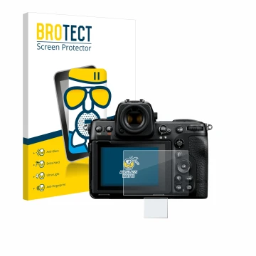 Face avant d’un emballage produit avec le logo de la marque BROTECT. À côté, l’appareil Nikon Z 8 (Affichage + affichage des é