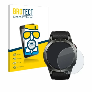 Face avant d’un emballage produit avec le logo de la marque BROTECT. À côté, l’appareil Zeblaze Stratos 3 est représenté avec 