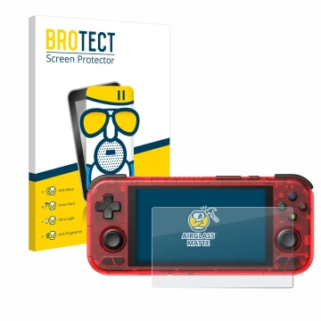 Face avant d’un emballage produit avec le logo de la marque BROTECT. À côté, l’appareil Retroid Pocket 4 Pro est représenté av