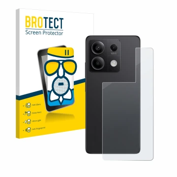 Face avant d’un emballage produit avec le logo de la marque BROTECT. À côté, l’appareil Xiaomi Redmi Note 13 Pro 5G (Arrière) 