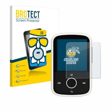 Face avant d’un emballage produit avec le logo de la marque BROTECT. À côté, l’appareil Majority MP3 16GB est représenté avec 