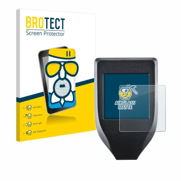 Face avant d’un emballage produit avec le logo de la marque BROTECT. À côté, l’appareil Trezor Model T est représenté avec la 