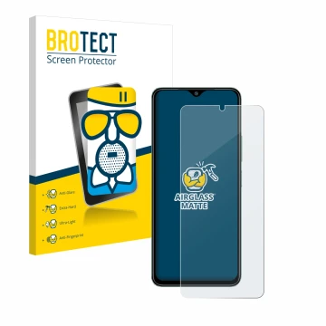 Face avant d’un emballage produit avec le logo de la marque BROTECT. À côté, l’appareil Xiaomi Redmi A3 est représenté avec la