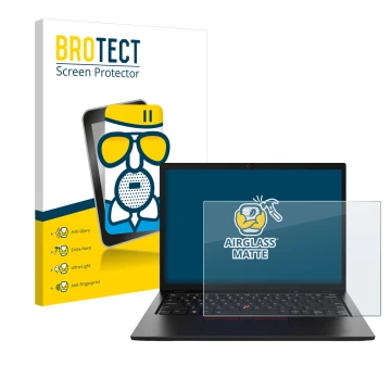 Face avant d’un emballage produit avec le logo de la marque BROTECT. À côté, l’appareil Lenovo ThinkPad L13 Gen 4 Non-Touch es