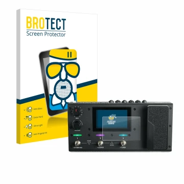 Face avant d’un emballage produit avec le logo de la marque BROTECT. À côté, l’appareil Headrush MX5 est représenté avec la pr