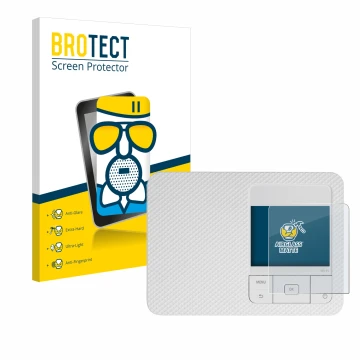 Face avant d’un emballage produit avec le logo de la marque BROTECT. À côté, l’appareil Canon Selphy CP1500 est représenté ave