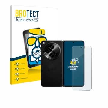 Face avant d’un emballage produit avec le logo de la marque BROTECT. À côté, l’appareil OnePlus Open (case-friendly) est repré