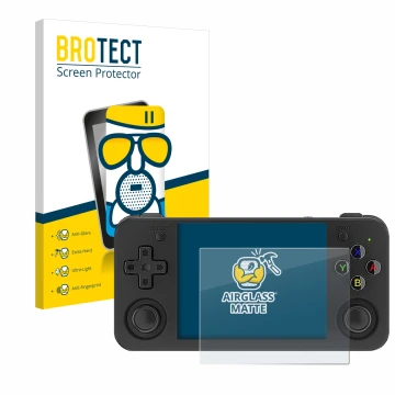 Face avant d’un emballage produit avec le logo de la marque BROTECT. À côté, l’appareil Anbernic RG35XX H est représenté avec 